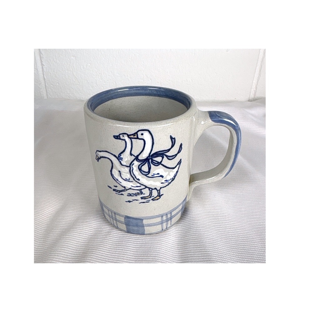Louisville Stoneware Gaggle of Geese Coffee Mug Blue Plaid Hand Painted Kentucky